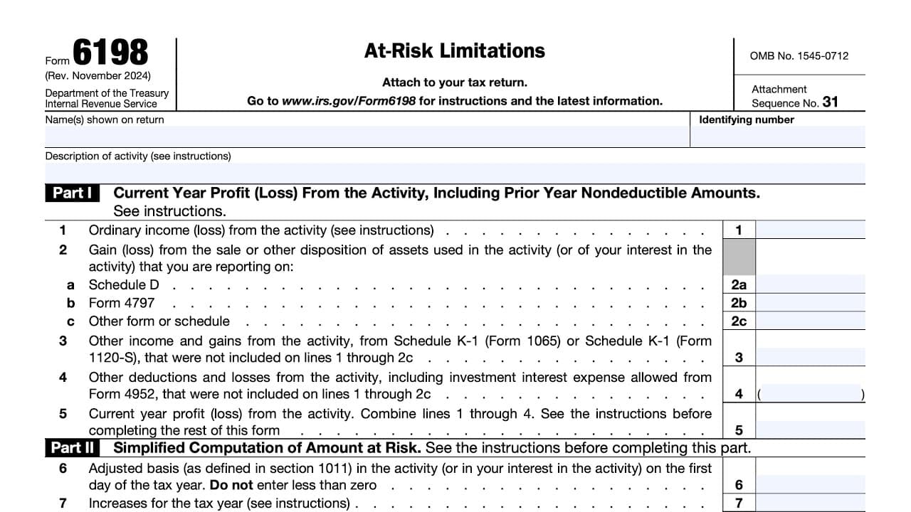IRS Form 6198 walkthrough (At-Risk Limitations)