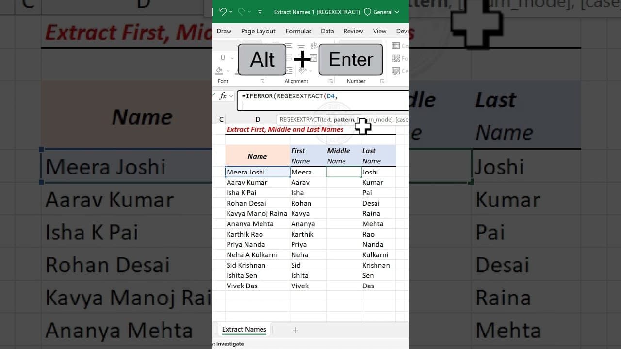 Excel formula to extract Middle Name
