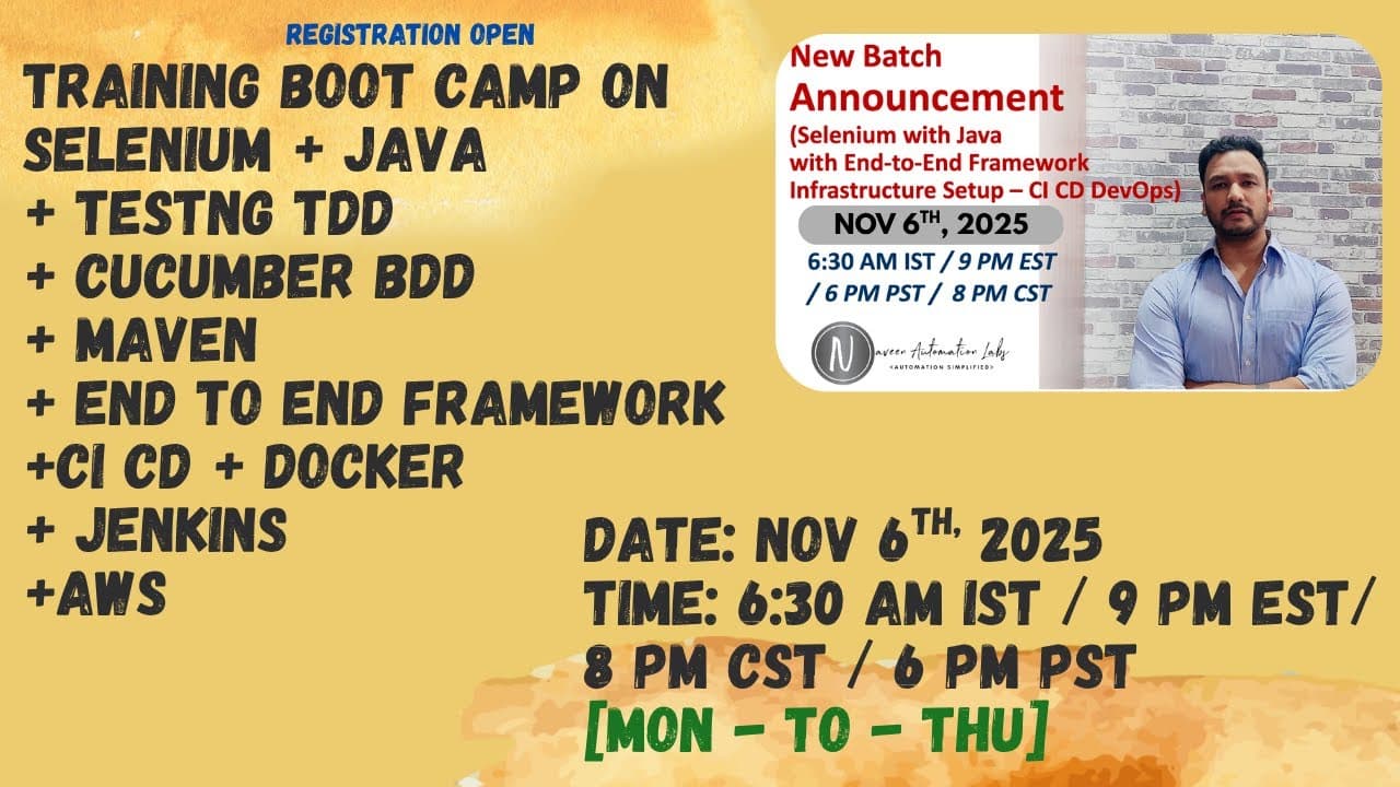 New Training/Boot Camp (Nov 6th):Selenium+Java+End to End Framework+ Infrastructure Setup(DevOps)