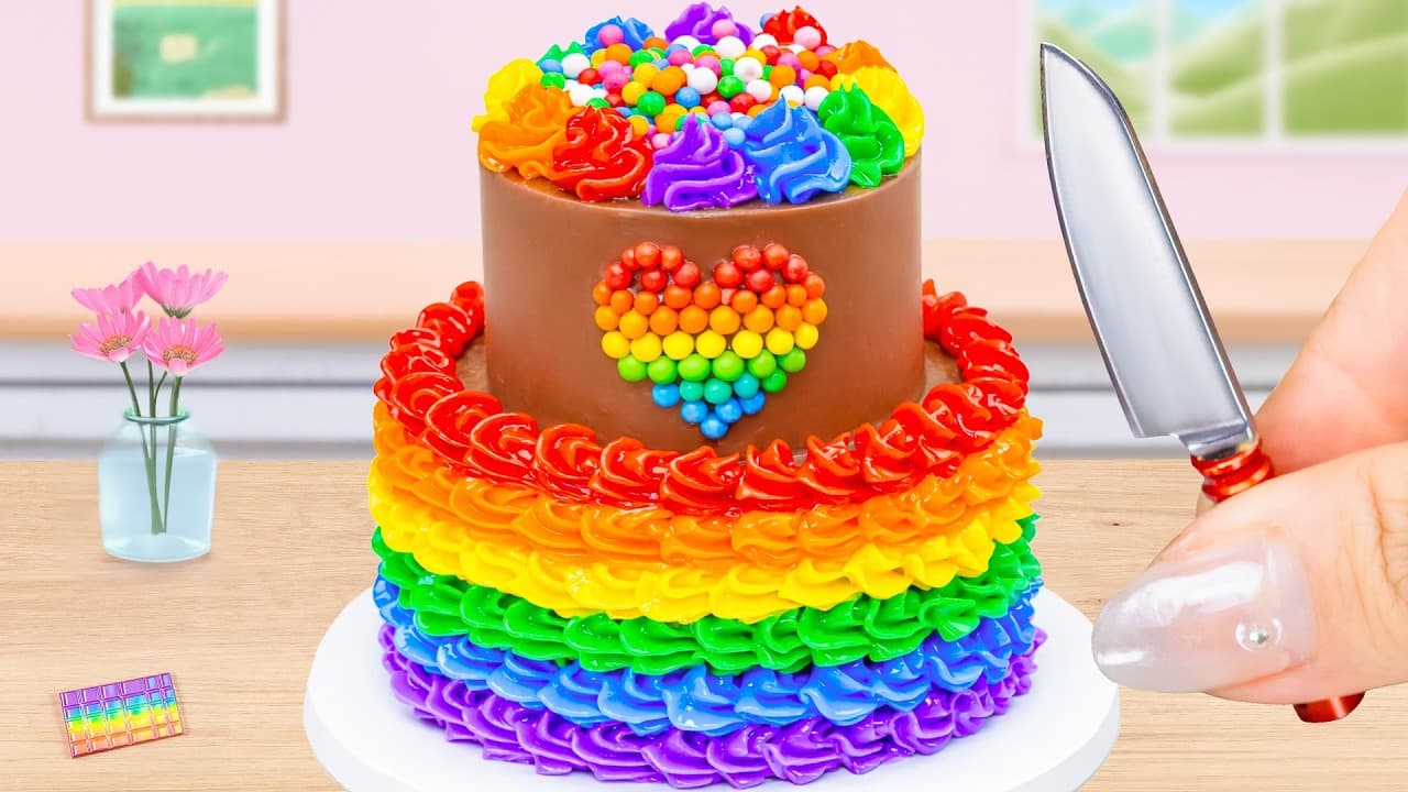 Mini Rainbow Cake Recipe ❤️Miniature 2-tier Rainbow Heart Cake Ideas by Lotus Cakes