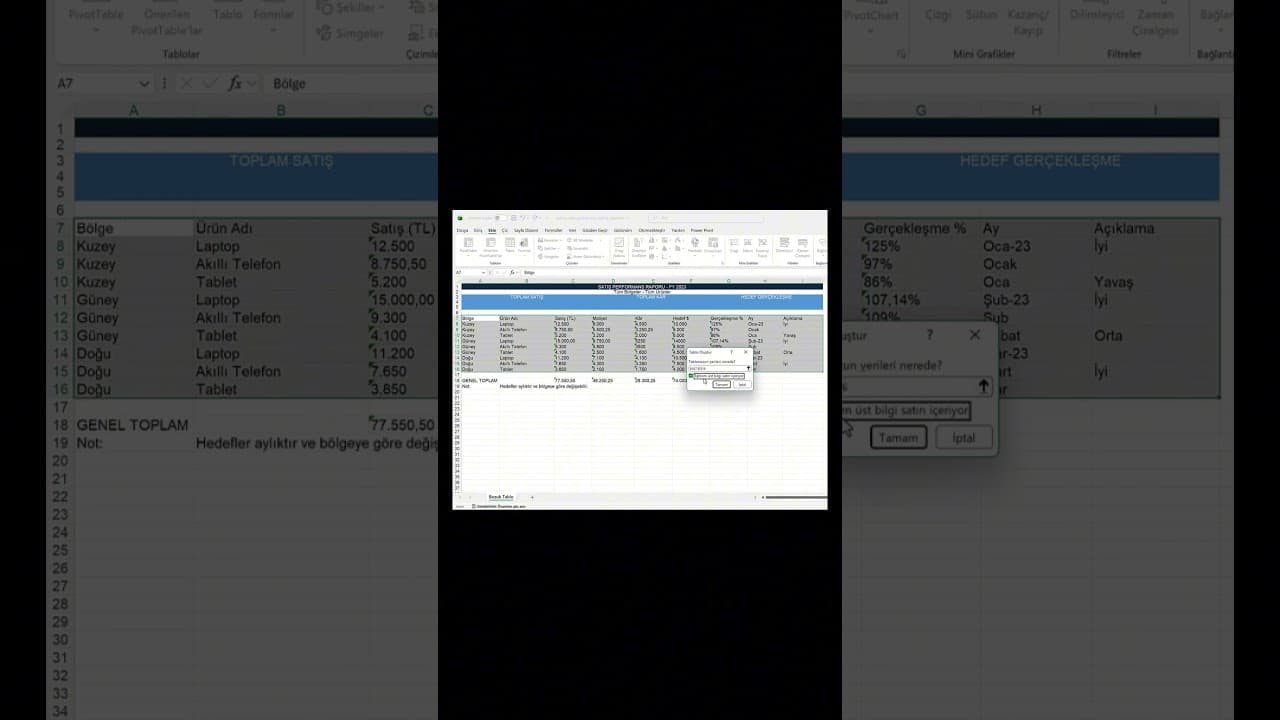 Excel Tablo Oluşturma