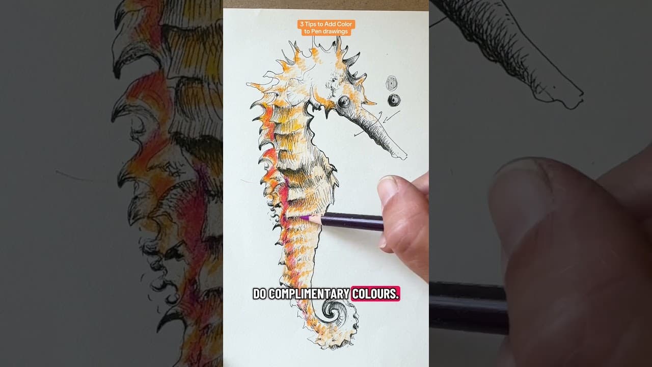 How to draw a seahorse in color pencil and pen and ink #howtodraw #drawingtutorials #coloredpencil