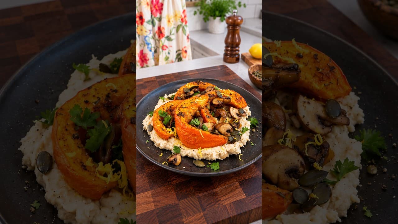 Roasted Pumpkin with Creamy White Bean Purรฉe & Garlic Mushrooms ๐