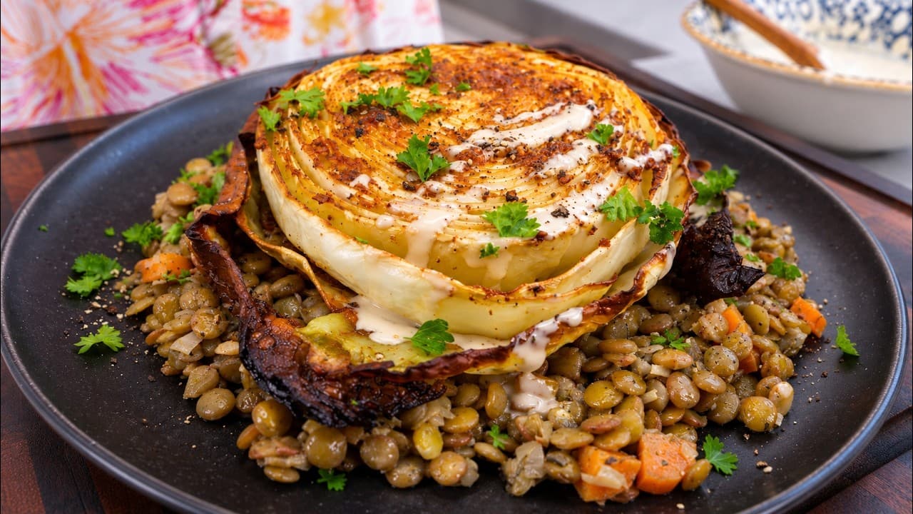 Cabbage Can Taste This Good! Roasted Cabbage Steaks with Creamy Lentils & Tahini Sauce